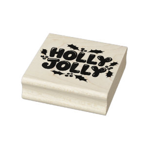 Bold Holly Jolly Typography with Festive Leaf  Rubber Stamp