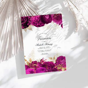 Bold Hot-Pink and Gold Floral Quinceañera Photo Invitation