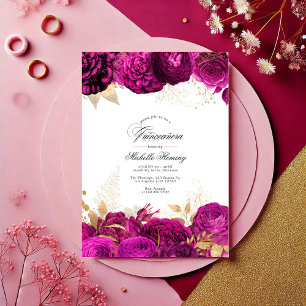 Bold Hot-Pink and Gold Floral Quinceañera Photo Invitation