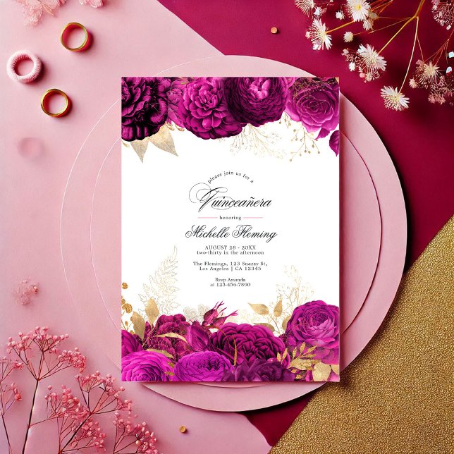 Bold Hot-Pink and Gold Floral Quinceañera Photo Invitation (Bold Hot-Pink and Gold Floral Quinceañera Photo Invitation)
