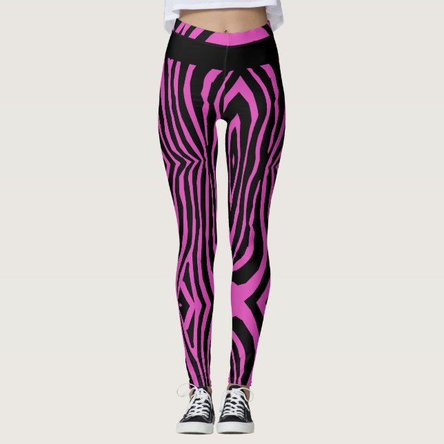 BOLD HOT PINK & BLACK ANIMAL PRINT STRIPE PATTERN LEGGINGS (Front)