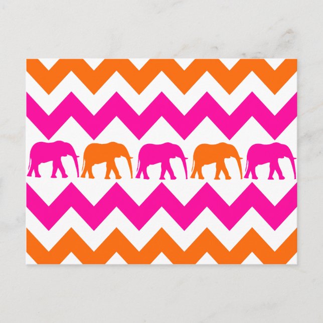 Bold Hot Pink Orange Elephants Chevron Stripes Postcard (Front)