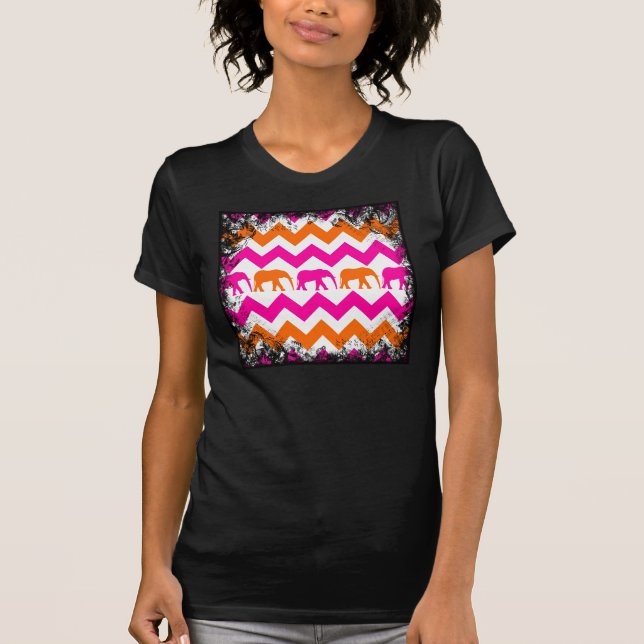 Bold Hot Pink Orange Elephants Chevron Stripes T-Shirt (Front)