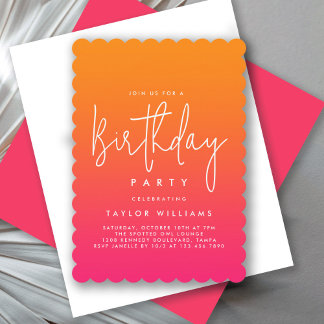 Bold Hot Pink Orange Ombré Simple Minimal Birthday Invitation
