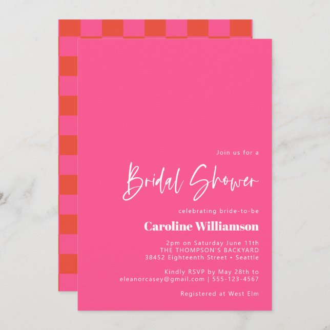 Bold Hot Pink Red Retro Chequerboard Bridal Shower Invitation (Front/Back)