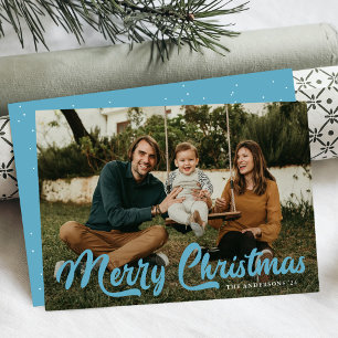 Bold Ice Blue Retro Script Merry Christmas 2 Photo Holiday Card