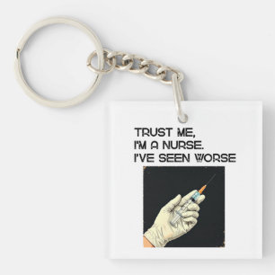 Bold Illustration of Gloved Hand Injecting Syringe Key Ring