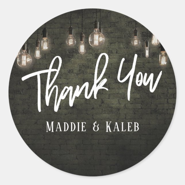 Bold Industrial Bricks w/ Edison Lights Thank You Classic Round Sticker (Front)