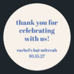 Bold Ivory Blue Custom Cute Bat Mitzvah Thank You Classic Round Sticker<br><div class="desc">Bold Typography Ivory Blue Custom Cute Bat Mitzvah Thank You Classic Round Sticker</div>