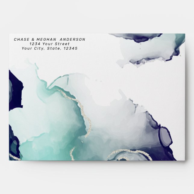 Bold Jade and Navy Blue Modern Fluid Ink Envelope (Front)