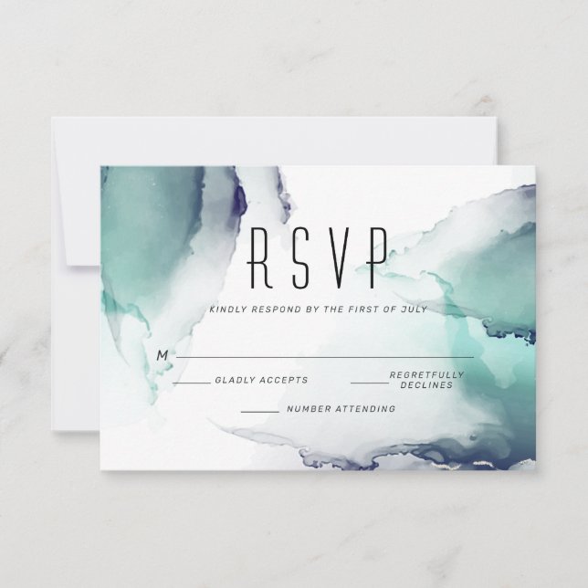 Bold Jade and Navy Blue Modern Fluid Ink RSVP Card (Front)