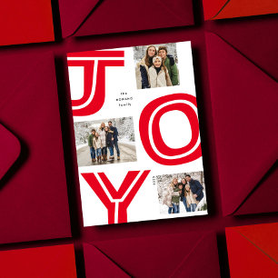 Bold joy simple modern red three photo Christmas Holiday Card