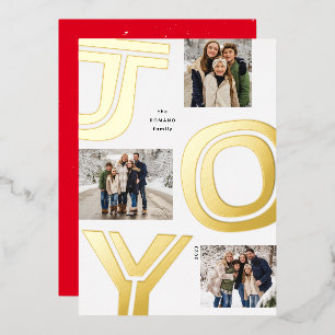 Bold joy simple modern three photo gold Christmas Foil Holiday Card