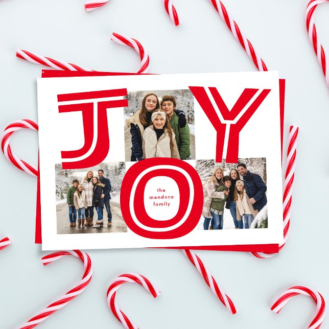 Bold joy three photo modern red Christmas Holiday Card (Creator Uploaded)