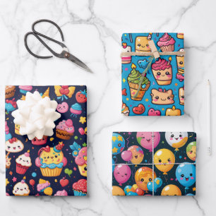 Bold Kawaii Birthday Pattern Wrapping Paper Sheet