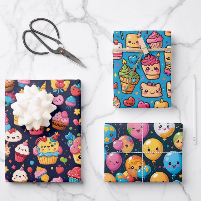 Bold Kawaii Birthday Pattern Wrapping Paper Sheet (Front)