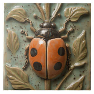 Bold Ladybug and Foliage Faux Relief Ceramic Tile