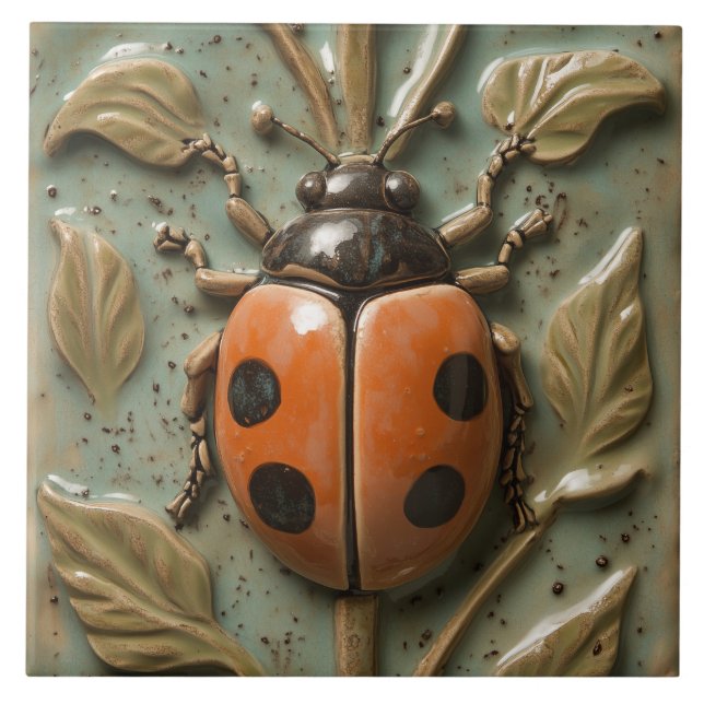 Bold Ladybug and Foliage Faux Relief Ceramic Tile (Front)