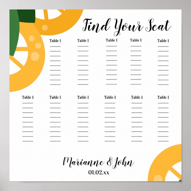 Bold Lemon Slices Wedding Seating Chart (Front)