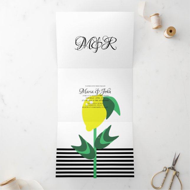 Bold Lemon Stripes Geometrical Wedding Tri-Fold Invitation (Inside)