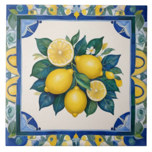Bold Lemons Dark Blue Green Yellow Lemon Ceramic Tile