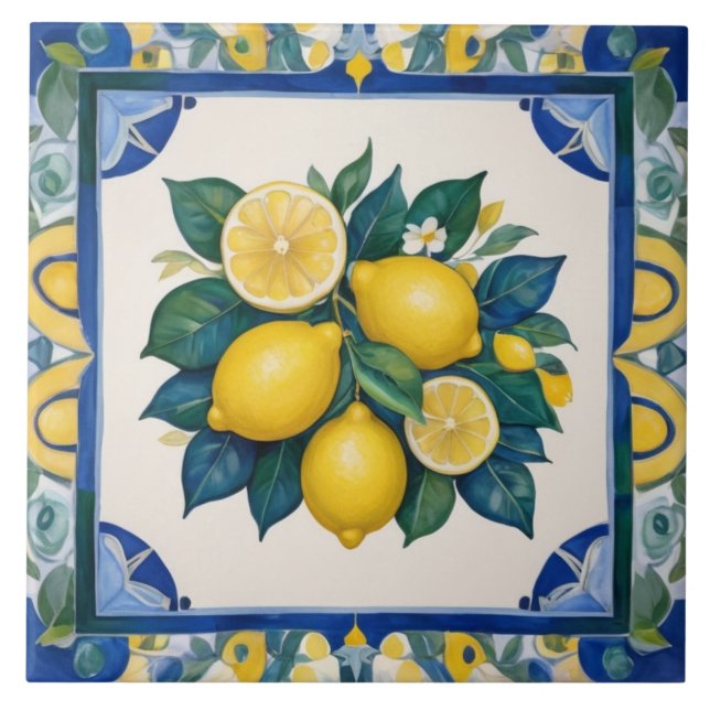 Bold Lemons Dark Blue Green Yellow Lemon Ceramic Tile (Front)