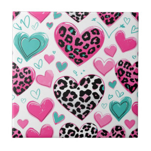 Bold Leopard Heart Love – Pink, Black & Teal (1) Ceramic Tile