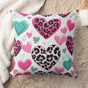 Bold Leopard Heart Love – Pink, Black & Teal (1) Cushion