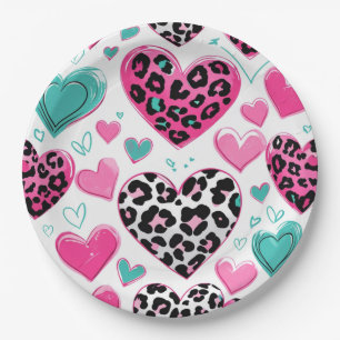 Bold Leopard Heart Love – Pink, Black & Teal (1) Paper Plate