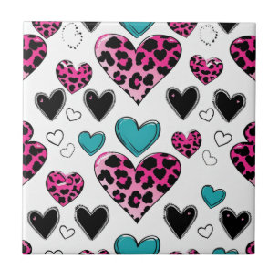 Bold Leopard Heart Love – Pink, Black & Teal (2) Ceramic Tile