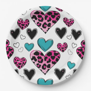 Bold Leopard Heart Love – Pink, Black & Teal (2) Paper Plate