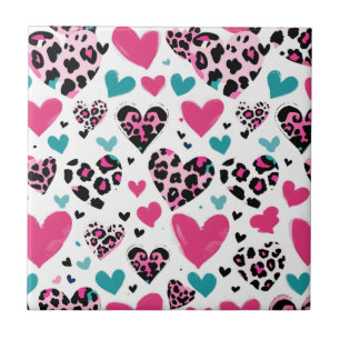 Bold Leopard Heart Love – Pink, Black & Teal (3) Ceramic Tile