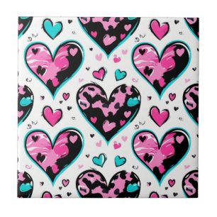 Bold Leopard Heart Love – Pink, Black & Teal (4) Ceramic Tile