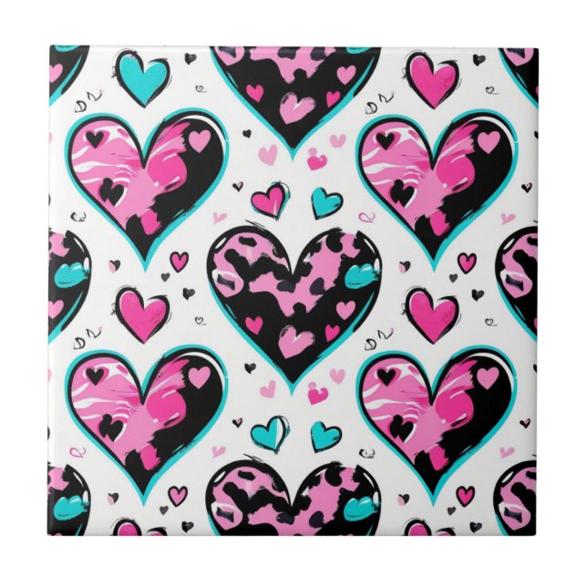 Bold Leopard Heart Love – Pink, Black & Teal (4) Ceramic Tile (Front)