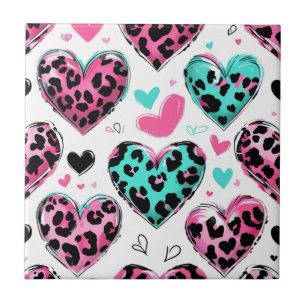 Bold Leopard Heart Love – Pink, Black & Teal (5) Ceramic Tile
