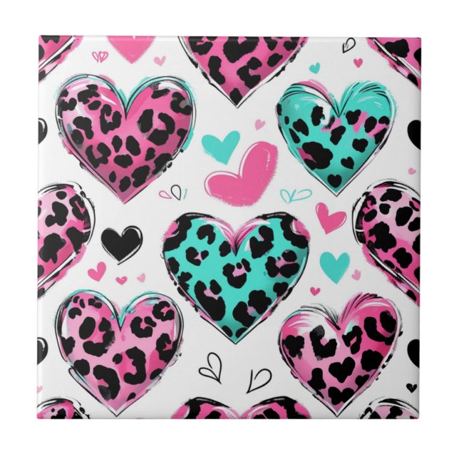 Bold Leopard Heart Love – Pink, Black & Teal (5) Ceramic Tile (Front)