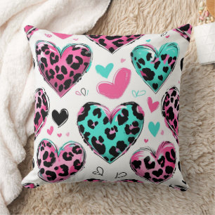 Bold Leopard Heart Love – Pink, Black & Teal (5) Cushion