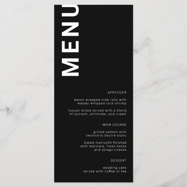 Bold Letters Minimal Black Wedding Menu (Front)