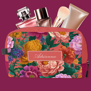Bold Lilac and Peach Blooms on Pink Dopp Kit