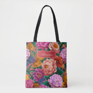 Bold Lilac and Peach Blooms on Pink Tote Bag