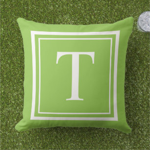 Bold Lime Green White Square Frame Monogram Cushion