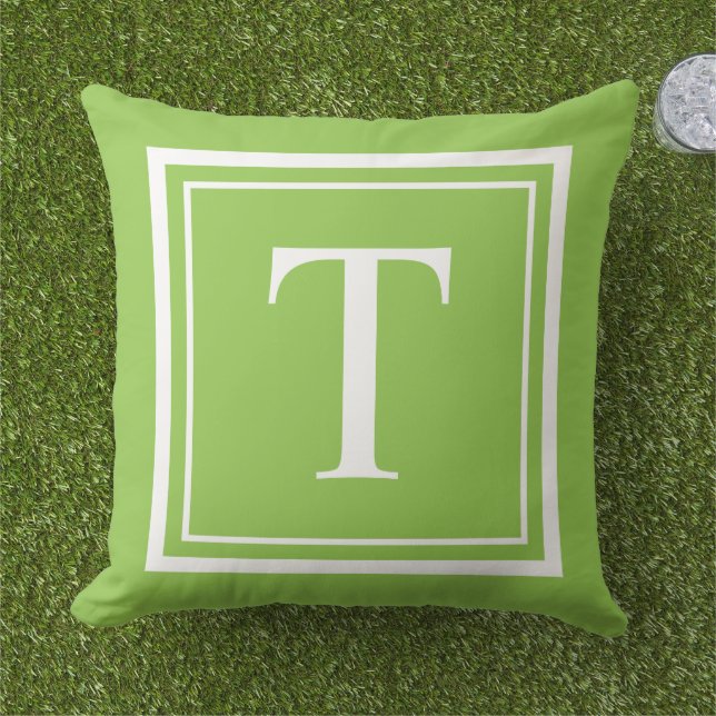 Bold Lime Green White Square Frame Monogram Cushion (Grass)