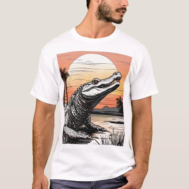 Bold Line Drawing: Alligator Silhouette at Sunset T-Shirt (Front)