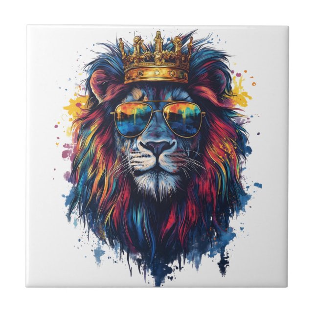 Bold Lion Head with Sunglasses and Crown Ceramic Tile (Front)