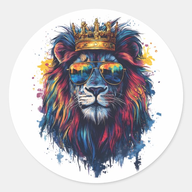 Bold Lion Head with Sunglasses and Crown Classic Round Sticker (Front)
