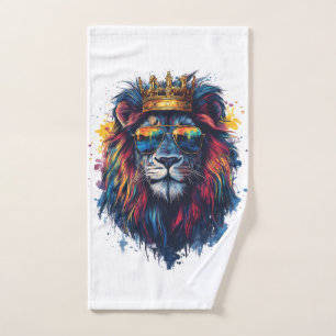 Bold Lion Head with Sunglasses and Crown Hand Towel