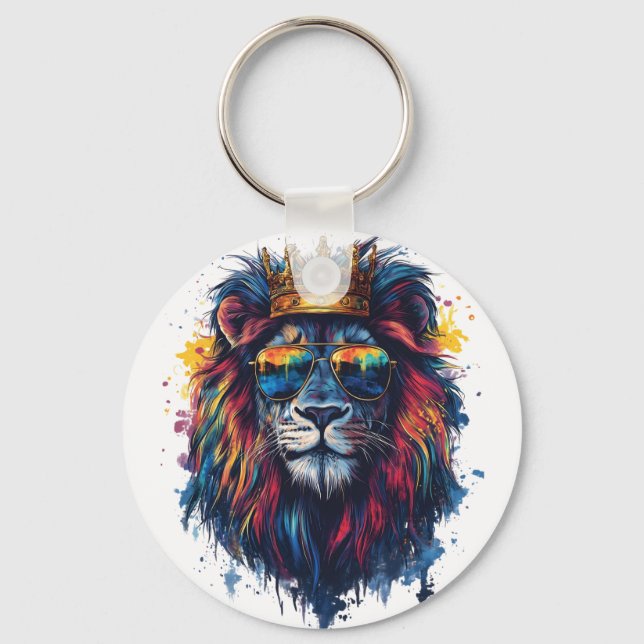Bold Lion Head with Sunglasses and Crown Key Ring (Front)