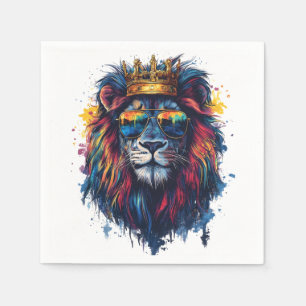 Bold Lion Head with Sunglasses and Crown Napkin