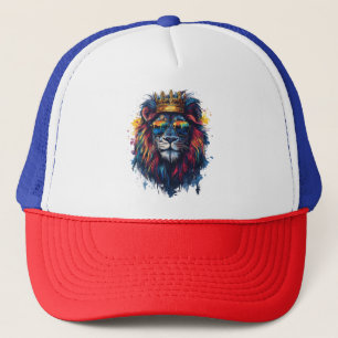 Bold Lion Head with Sunglasses and Crown Trucker Hat