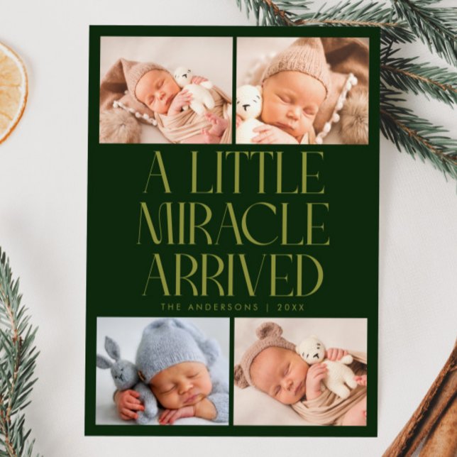 Bold Little Miracle Xmas Green Photo Birth  Announcement (Creator Uploaded)